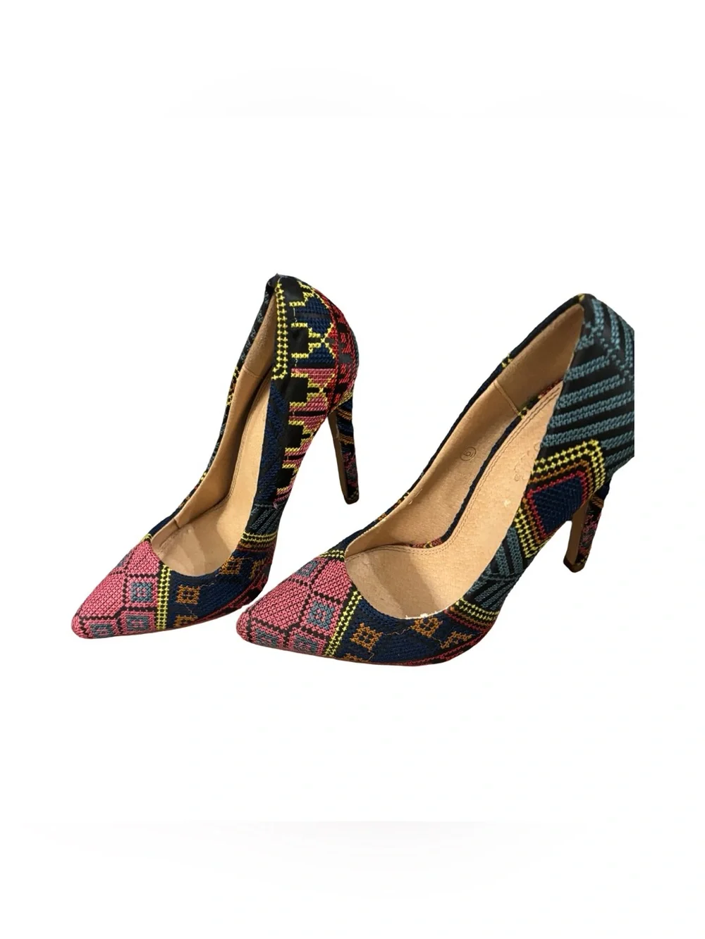 Multi-Color Aztec Artsy Patterned Fabric Tapestry Pointed Toe High Heels Sz 6.5